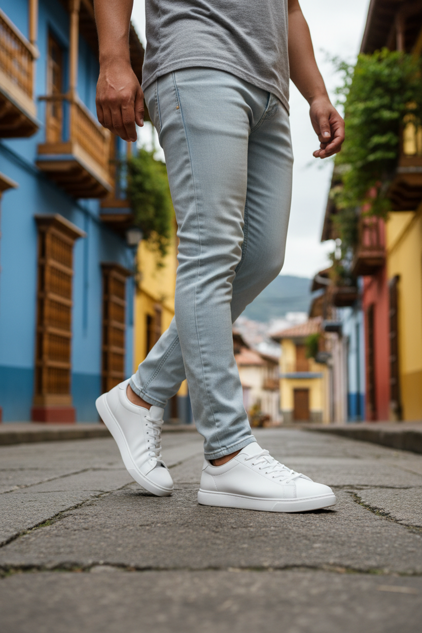 Crie uma imagem fotorealista de uma pessoa adulta caminhando naturalmente pelas ruas de Medellín, Colômbia. A cena deve mostrar apenas uma pessoa, sem destaque para identidade específica, com aparência genérica e realista. O enquadramento é em plano médio a partir da altura do joelho, com foco especial nos pés em movimento. A pessoa usa um tênis totalmente branco, sem qualquer logotipo, marca, texto ou detalhe identificável; o design é simples, limpo e minimalista, com material fosco e aparência nova. As ro